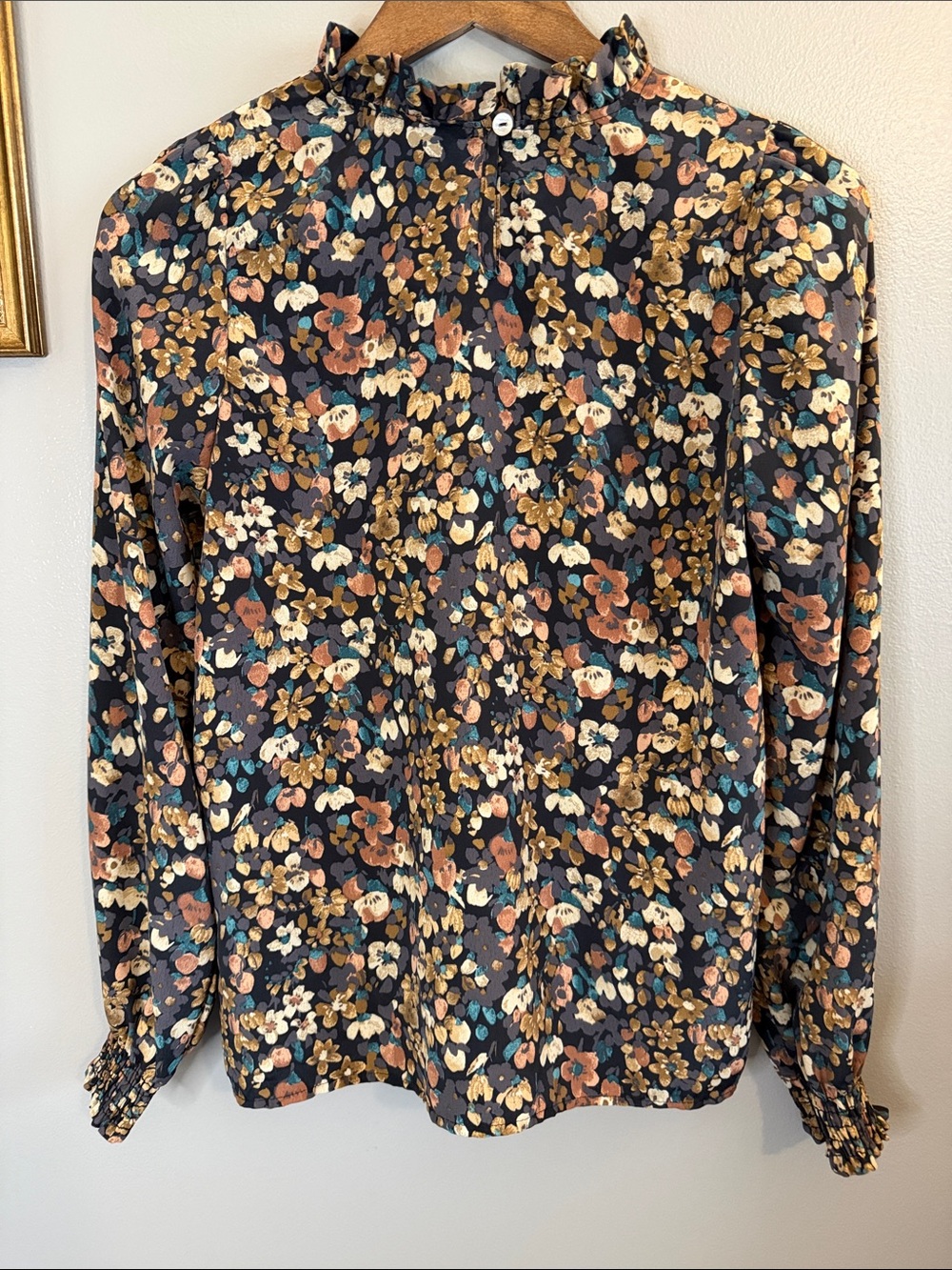 Les Amis Floral Mock Neck Blouse Small | Smocked Cuffs Cottagecore Boho Fall - Picture 8 of 8